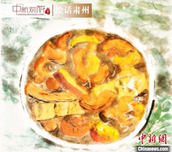 圖為酒泉美食“糊鍋”繪畫作品?！《排d彥 攝